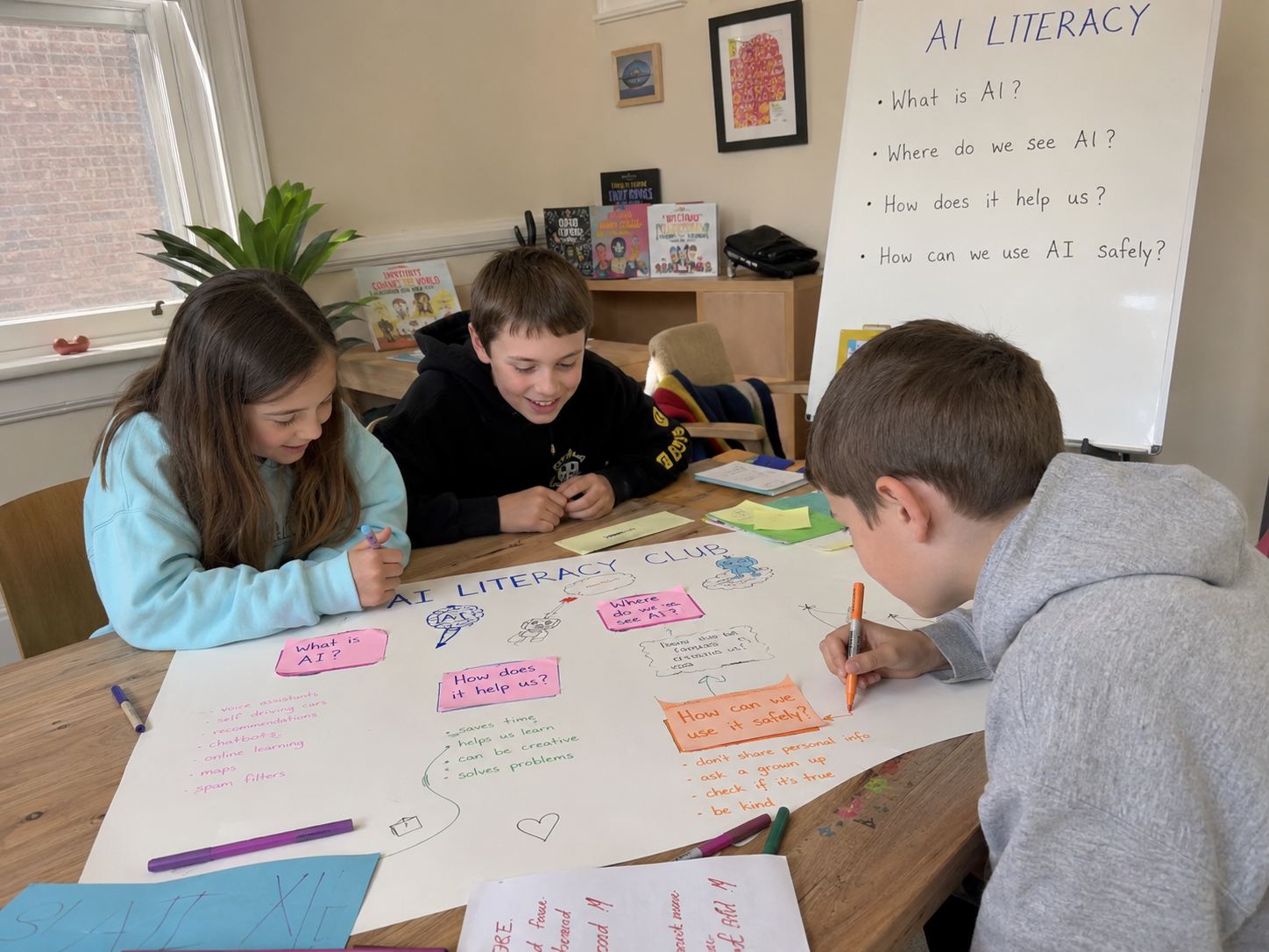 Children mapping out what AI is on a poster at The Insiders Club