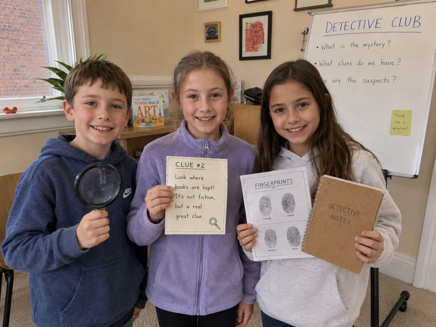 Children with a magnifying glass and clues at The Detective Club