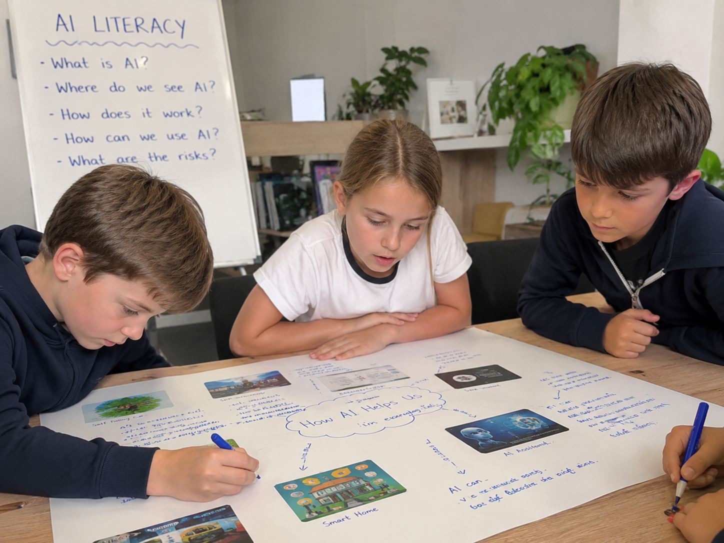 Children mapping out what AI is on a poster at The Insiders Club