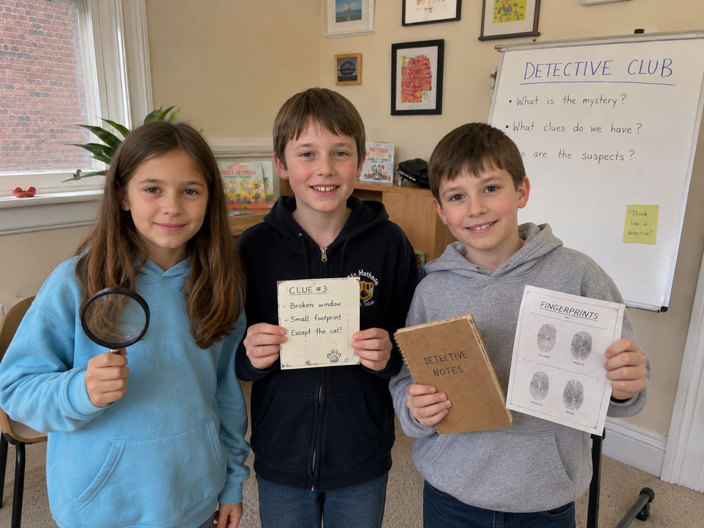Children with a magnifying glass and clues at The Detective Club